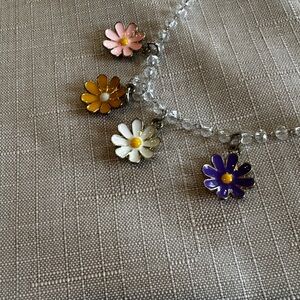 Dollskill Enamel Daisy Charm Crystal Bead Necklace Silver Tone Floral Y2K